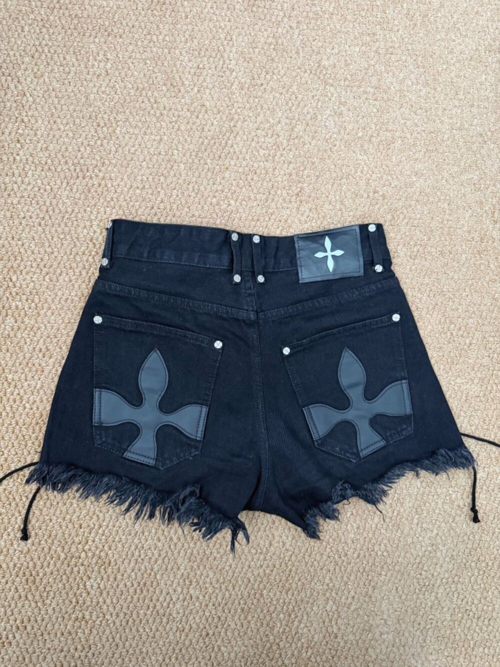 Black Denim Cross Patch Lace-Up Distressed Shorts S Runs Large
